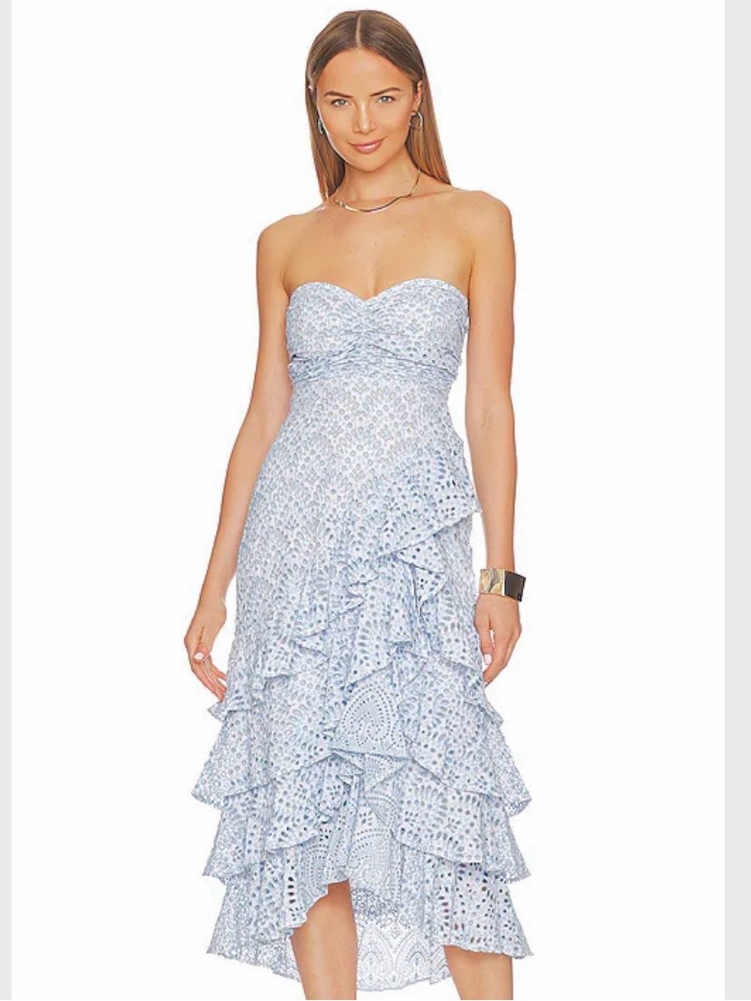 Sundress Flavie Eyelet Dress In Blue High-Low Ruffle Midi Dress Size Xs